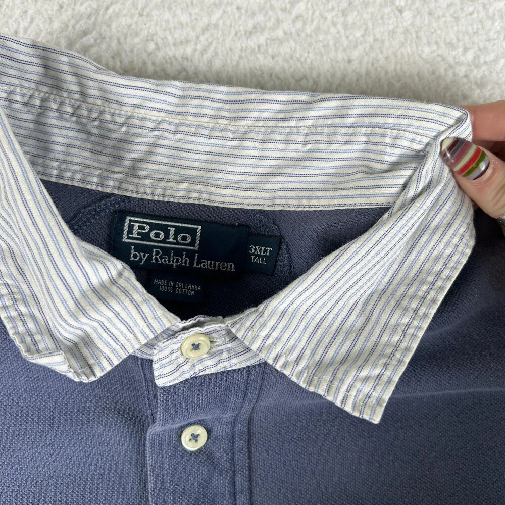 Polo Ralph Lauren Polo Shirt Mens 3XLT Blue Striped Collar Pocket Pony Logo
